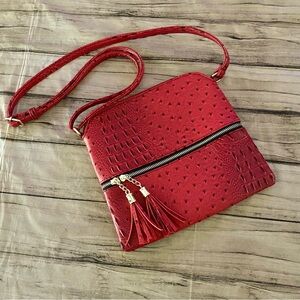Faux Ostrich Croc Zip Tassel Crossbody Bag
